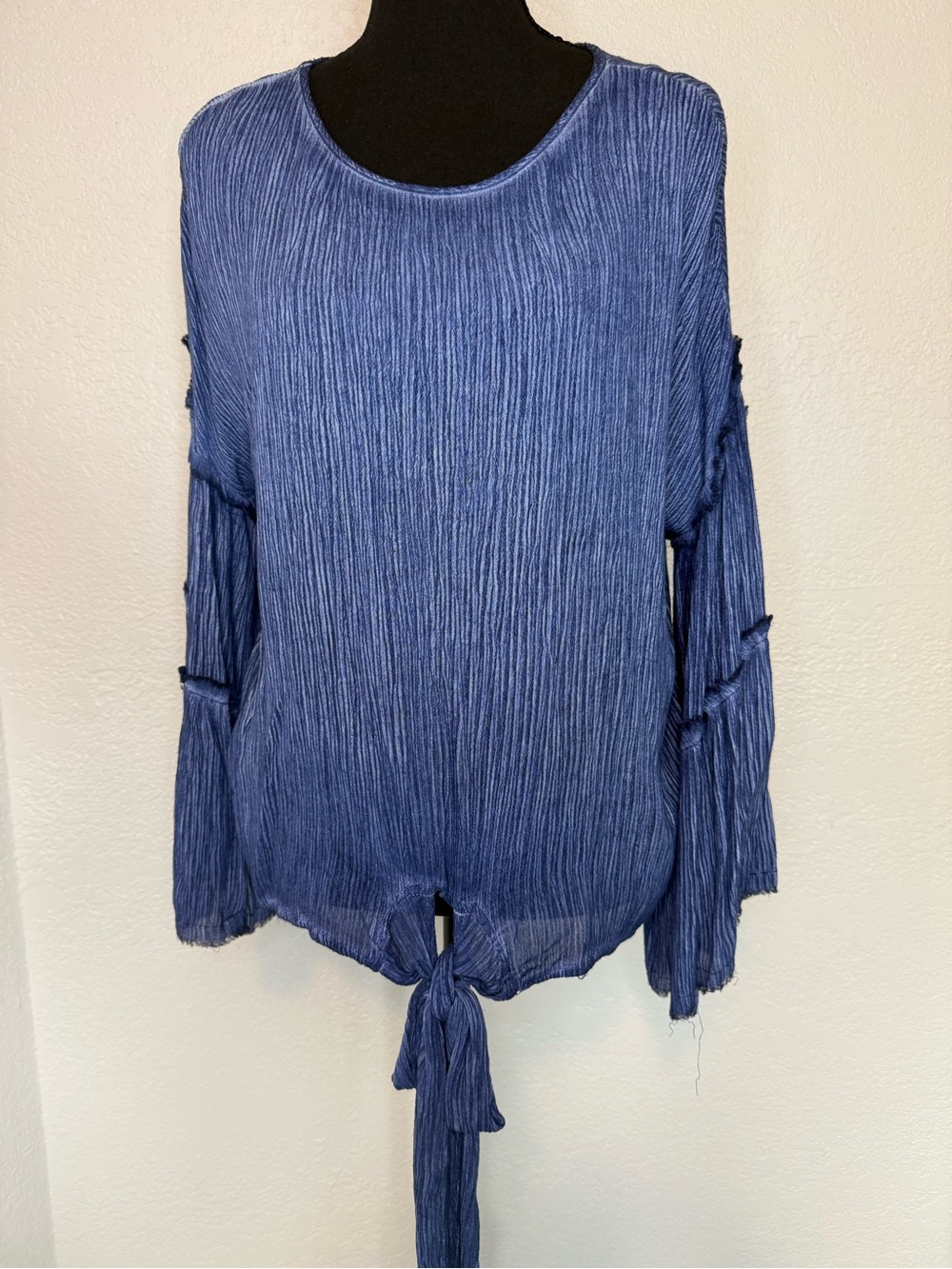 Umgee Blue Crinkled Tie-Front Long Sleeve Top
